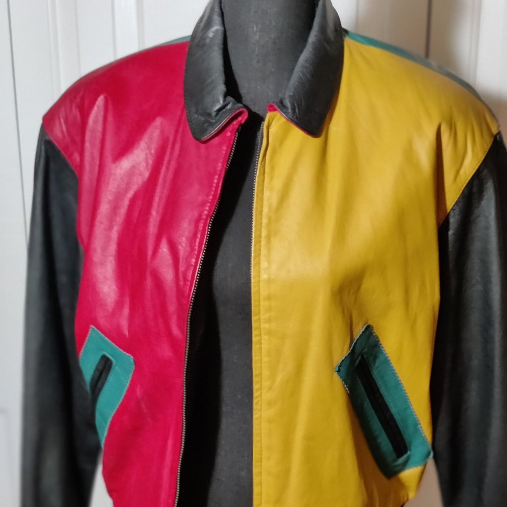 Vintage 80s LA Studio colorblock leather jacket hip-hop style NM condition sz M